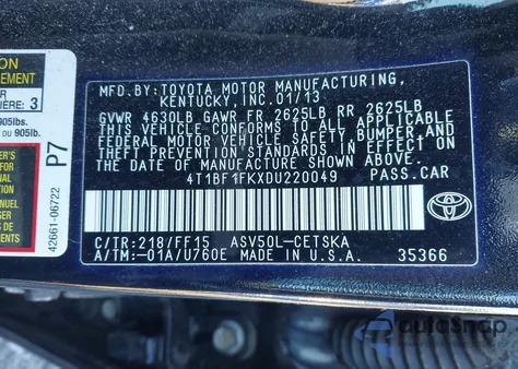 2013 Toyota Camry Se из США, поврежденный, VIN 4T1BF1FKXDU220049